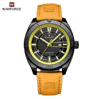 NAVIFORCE NF9209 Original Business Men's Watches Waterproof Casual Sports Military Leather Wristwatch  Man Quartz Calendar Clock - OrangeBlack Yellow